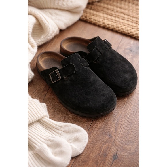 Birkenstock Shoes - Birkenstock Black Suede Boston Style Buckle Clogs Broken in Footbed Comfort Shoe